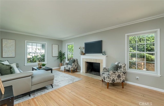 living room with crown molding, wood finished floors, a fireplace, and baseboards