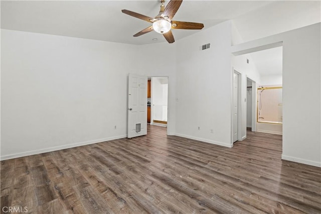 10213 Single Oak Dr, Bakersfield, CA 93311 - empty room featuring ceiling fan, wood finished floors, lofted ceiling, and baseboards