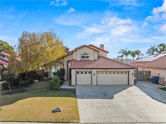 10213 Single Oak Dr, Bakersfield, CA 93311 - view of front of house featuring a chimney, stucco siding, a tiled roof, concrete driveway, and an attached garage