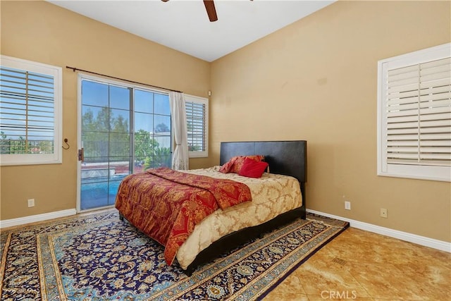 44886 Camino Veste, Temecula, CA 92592 - tiled bedroom featuring access to exterior, baseboards, and a ceiling fan