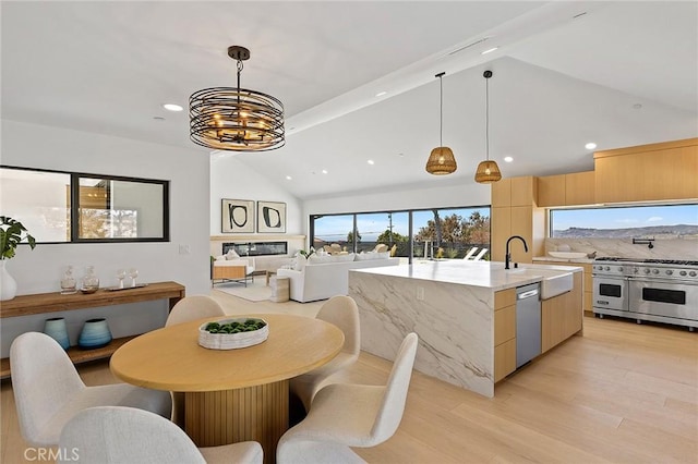 820 Calle Mendoza, San Clemente, CA 92672 - dining room featuring light wood-type flooring, recessed lighting, a chandelier, beamed ceiling, and high vaulted ceiling