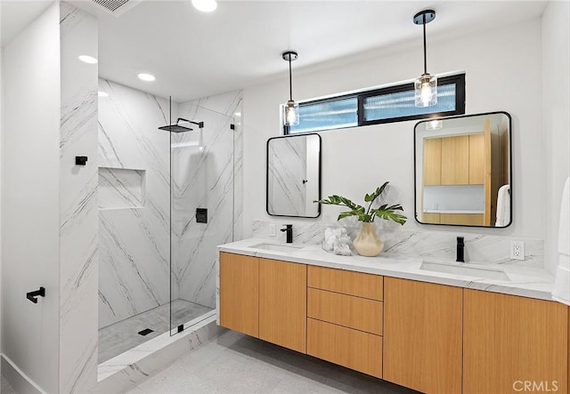 820 Calle Mendoza, San Clemente, CA 92672 - full bath featuring a marble finish shower, recessed lighting, and double vanity