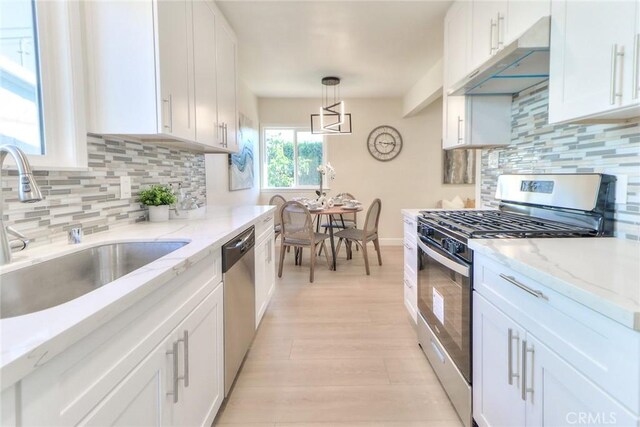 16928 Pocono St, La Puente, CA 91744 - kitchen featuring appliances with stainless steel finishes, a sink, white cabinetry, and under cabinet range hood