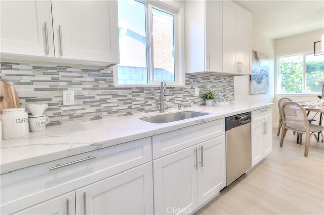 16928 Pocono St, La Puente, CA 91744 - kitchen with a sink, dishwasher, white cabinets, decorative backsplash, and light wood-style flooring