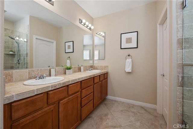 182 Rhapsody, Irvine, CA 92620 - full bath with double vanity, tiled shower, and tile patterned flooring