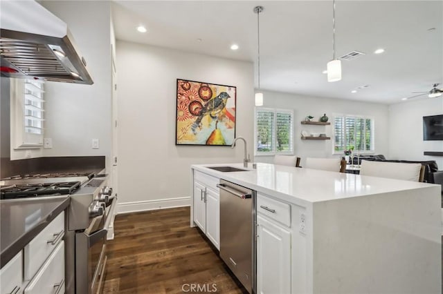 132 Interval, Irvine, CA 92618 - kitchen featuring appliances with stainless steel finishes, range hood, a sink, recessed lighting, and dark wood-style floors