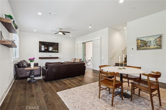 132 Interval, Irvine, CA 92618 - dining area with wood finished floors, a ceiling fan, and recessed lighting