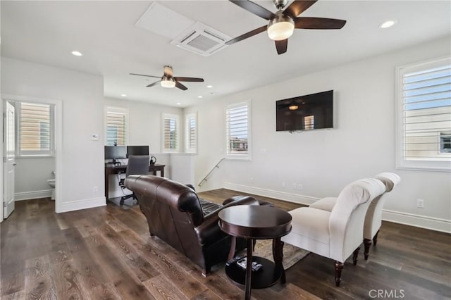 132 Interval, Irvine, CA 92618 - living room featuring a ceiling fan, wood finished floors, recessed lighting, a desk, and baseboards
