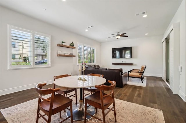 132 Interval, Irvine, CA 92618 - dining room with baseboards, ceiling fan, dark wood-style floors, and recessed lighting