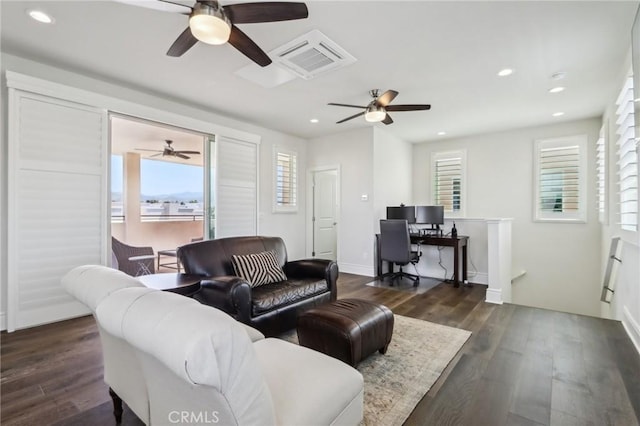 132 Interval, Irvine, CA 92618 - living area featuring a ceiling fan, recessed lighting, and dark wood-style floors