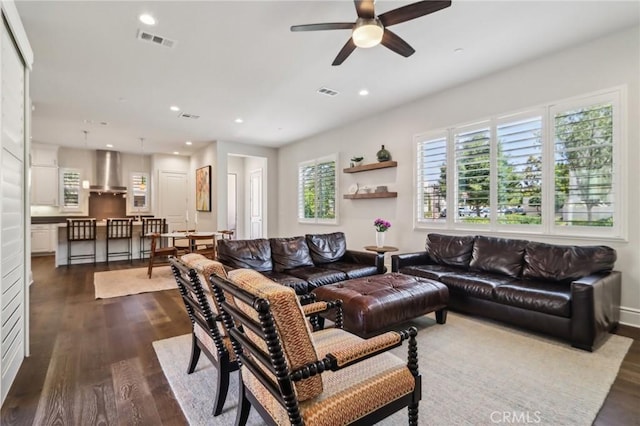 132 Interval, Irvine, CA 92618 - living room with ceiling fan, dark wood-style floors, and recessed lighting