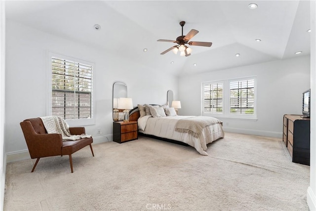 15 Firestone Unit 4, Irvine, CA 92614 - bedroom with light colored carpet, recessed lighting, vaulted ceiling, baseboards, and a ceiling fan