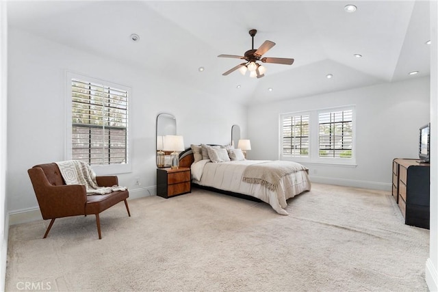 15 Firestone Unit 4, Irvine, CA 92614 - bedroom with light colored carpet, recessed lighting, vaulted ceiling, baseboards, and a ceiling fan