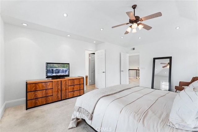 15 Firestone Unit 4, Irvine, CA 92614 - bedroom with recessed lighting, light carpet, baseboards, and a ceiling fan