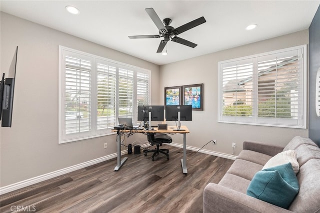 1044 Shadow Crest Cir, Corona, CA 92881 - office space featuring healthy amount of natural light, baseboards, dark wood-style flooring, a ceiling fan, and recessed lighting