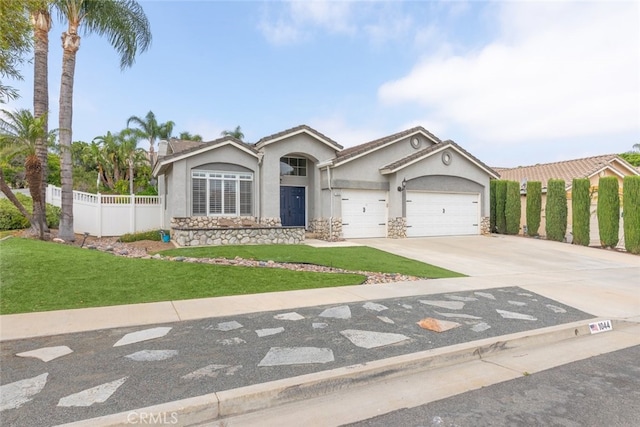 1044 Shadow Crest Cir, Corona, CA 92881 - ranch-style house featuring stucco siding, an attached garage, concrete driveway, and stone siding