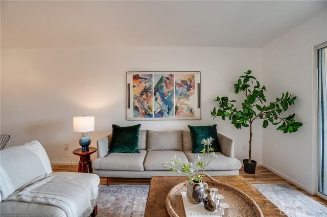living room featuring wood finished floors and baseboards