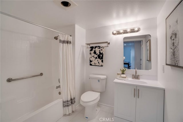 full bath with toilet, tile patterned floors, vanity, and shower / bath combo