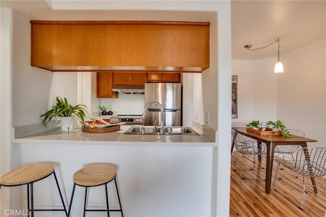 kitchen with appliances with stainless steel finishes, a peninsula, under cabinet range hood, brown cabinetry, and light countertops