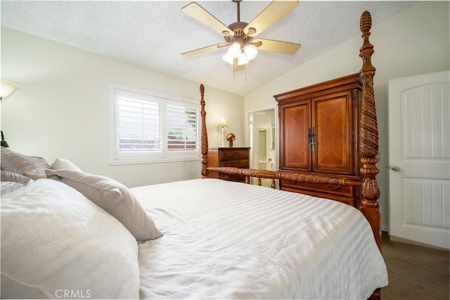 18993 Janisse Ln, Lake Elsinore, CA 92530 - carpeted bedroom featuring lofted ceiling, a textured ceiling, and ceiling fan