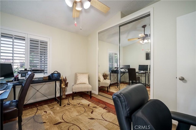 18993 Janisse Ln, Lake Elsinore, CA 92530 - office space featuring a ceiling fan, vaulted ceiling, and wood finished floors