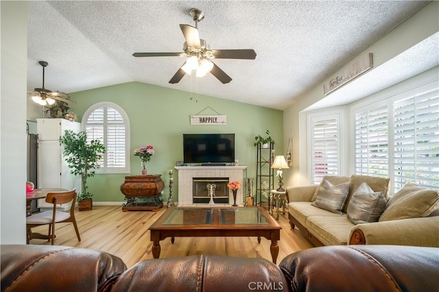 18993 Janisse Ln, Lake Elsinore, CA 92530 - living area featuring ceiling fan, vaulted ceiling, wood finished floors, a textured ceiling, and a fireplace