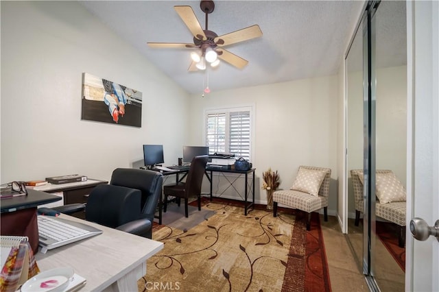 18993 Janisse Ln, Lake Elsinore, CA 92530 - home office with lofted ceiling, ceiling fan, and baseboards