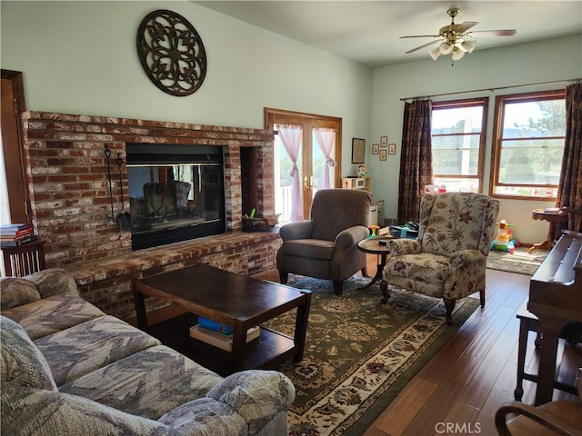1014 Dusty Rd, Frazier Park, CA 93225 - living room with a ceiling fan, hardwood / wood-style floors, and a brick fireplace