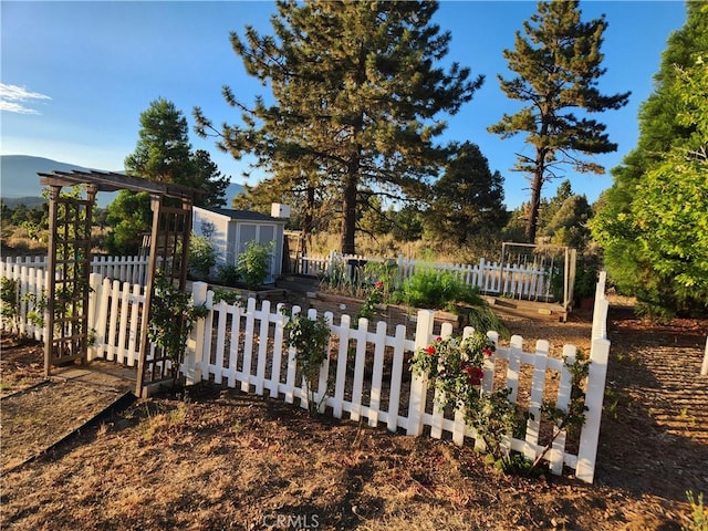 1014 Dusty Rd, Frazier Park, CA 93225 - view of yard with a storage shed, a vegetable garden, an outdoor structure, and fence