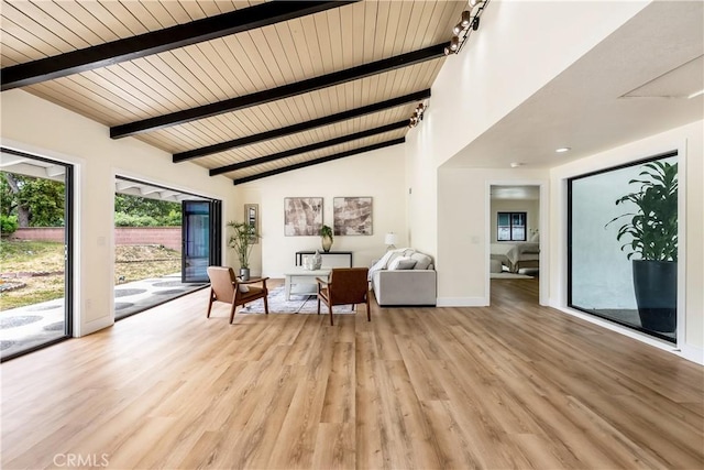 1216 W River Ln, Santa Ana, CA 92706 - living room with light wood-style flooring, beamed ceiling, high vaulted ceiling, wood ceiling, and baseboards