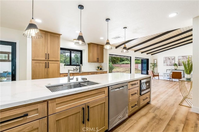 1216 W River Ln, Santa Ana, CA 92706 - kitchen featuring stainless steel appliances, a sink, pendant lighting, light stone counters, and light wood finished floors