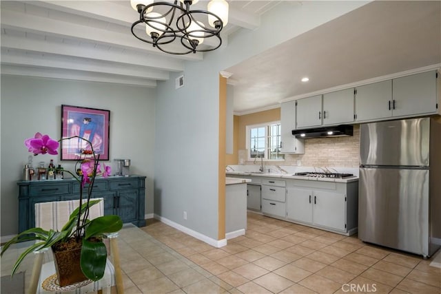 kitchen featuring appliances with stainless steel finishes, under cabinet range hood, light countertops, decorative backsplash, and beamed ceiling
