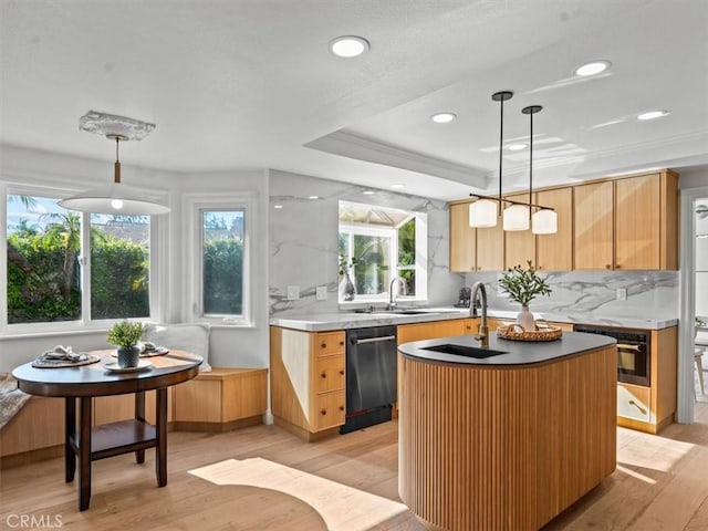 5505 Paseo Joaquin, Yorba Linda, CA 92886 - kitchen featuring dishwasher, black oven, light wood-style flooring, tasteful backsplash, and recessed lighting