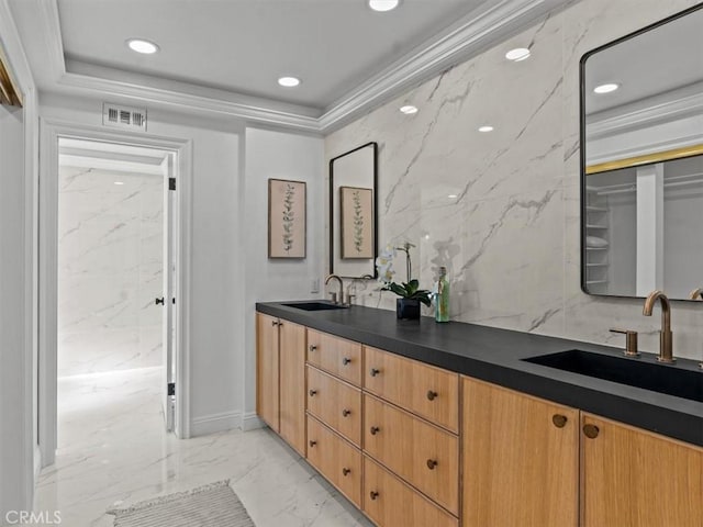 5505 Paseo Joaquin, Yorba Linda, CA 92886 - full bathroom with marble tiled floors, double vanity, and recessed lighting