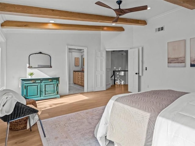 5505 Paseo Joaquin, Yorba Linda, CA 92886 - bedroom with beamed ceiling, wood finished floors, recessed lighting, crown molding, and connected bathroom