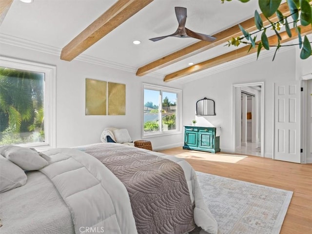 5505 Paseo Joaquin, Yorba Linda, CA 92886 - bedroom with beam ceiling, recessed lighting, wood finished floors, ornamental molding, and a ceiling fan