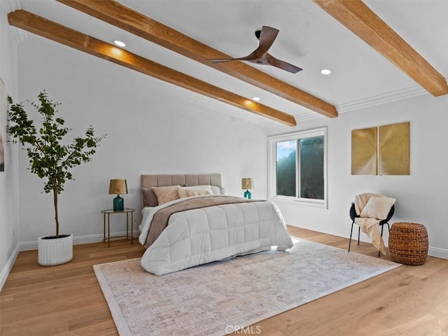5505 Paseo Joaquin, Yorba Linda, CA 92886 - bedroom with beam ceiling, light wood-style floors, recessed lighting, and a ceiling fan