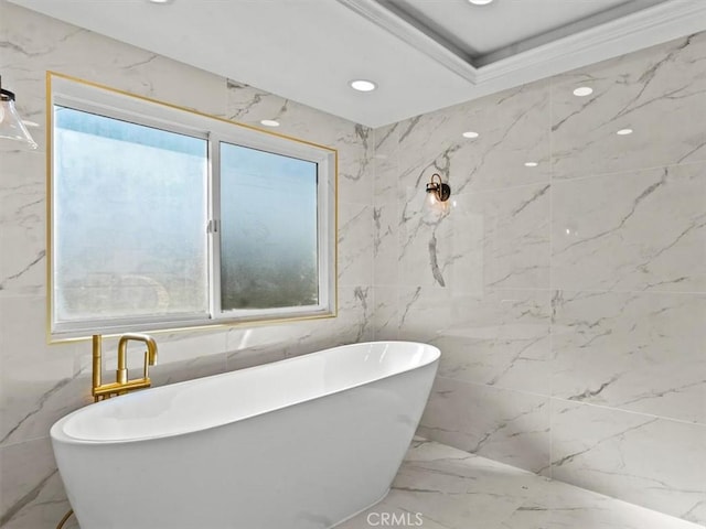 5505 Paseo Joaquin, Yorba Linda, CA 92886 - bathroom featuring marble tiled flooring, a freestanding bath, tile walls, and recessed lighting