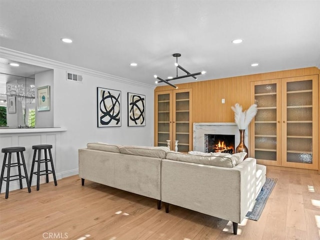 5505 Paseo Joaquin, Yorba Linda, CA 92886 - living area with ornamental molding, wood finished floors, recessed lighting, and a fireplace