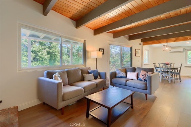 5192 Oak Rd, Mariposa, CA 95345 - living room featuring wood finished floors, beam ceiling, baseboards, a wall unit AC, and wooden ceiling