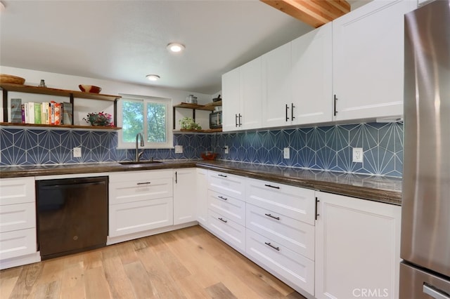 5192 Oak Rd, Mariposa, CA 95345 - kitchen featuring black appliances, open shelves, a sink, dark countertops, and light wood finished floors