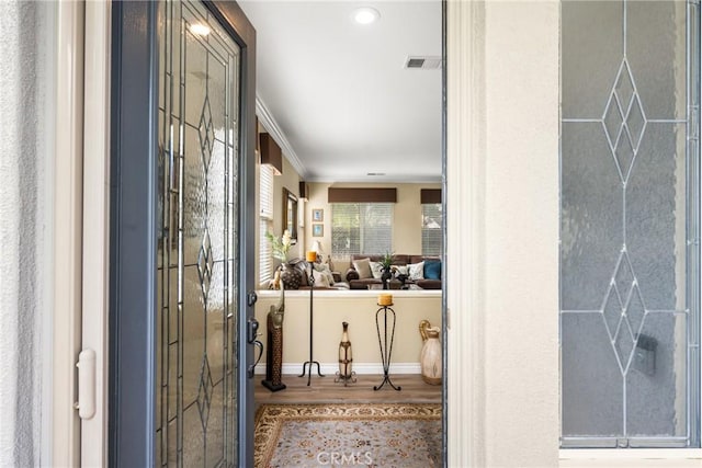 23725 Scarlet Oak Dr, Murrieta, CA 92562 - interior space featuring wood finished floors, baseboards, ornamental molding, and recessed lighting