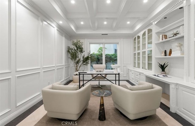 71 Ritz Cove Dr, Dana Point, CA 92629 - home office featuring a decorative wall, recessed lighting, inlaid floor details, ornamental molding, and coffered ceiling