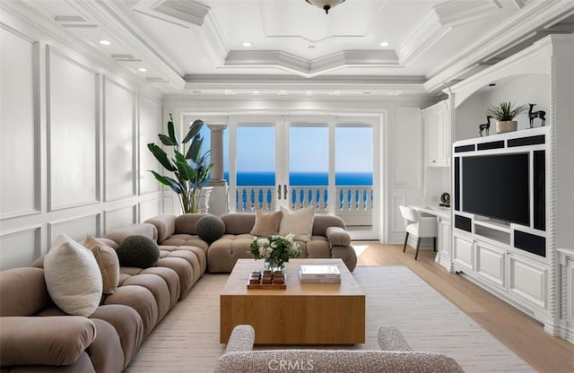71 Ritz Cove Dr, Dana Point, CA 92629 - living area with a decorative wall, crown molding, and light wood finished floors