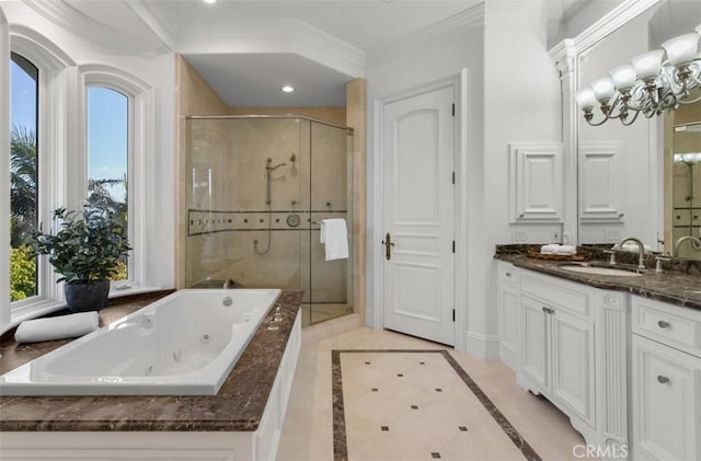 71 Ritz Cove Dr, Dana Point, CA 92629 - full bath with a stall shower, vanity, a whirlpool tub, ornamental molding, and baseboards