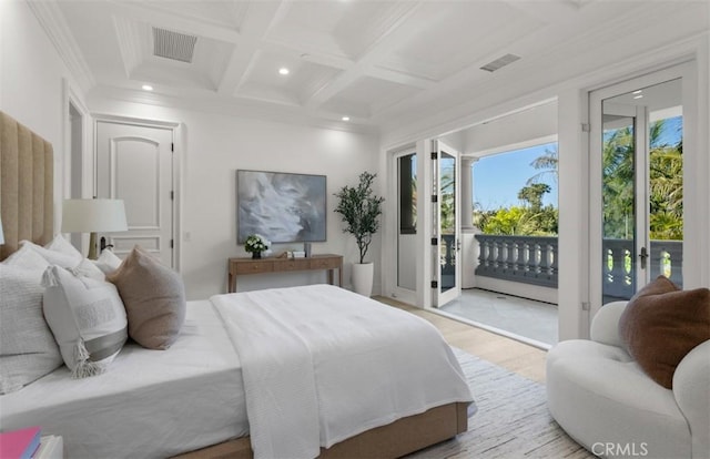 71 Ritz Cove Dr, Dana Point, CA 92629 - bedroom featuring multiple windows, access to exterior, coffered ceiling, recessed lighting, and beam ceiling