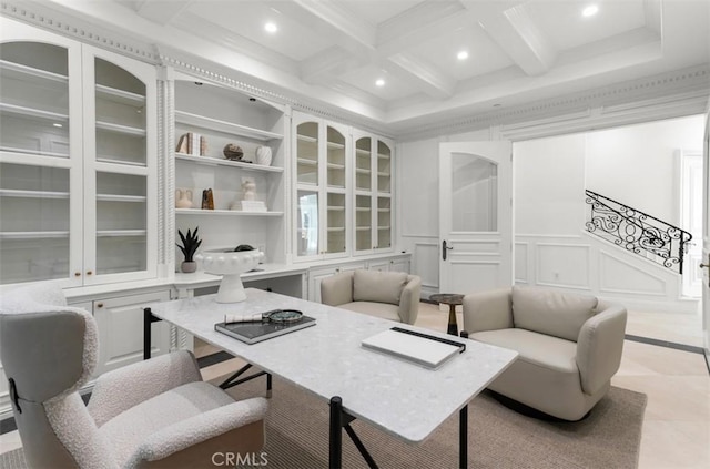 71 Ritz Cove Dr, Dana Point, CA 92629 - office space with recessed lighting, a decorative wall, beamed ceiling, coffered ceiling, and built in shelves