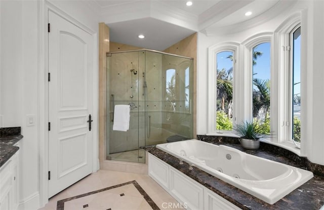 71 Ritz Cove Dr, Dana Point, CA 92629 - bathroom featuring a shower stall, a tub with jets, inlaid floor details, recessed lighting, and vanity