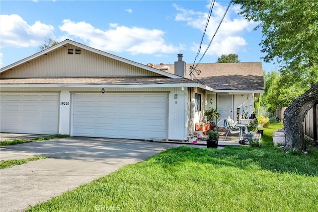 19270 Mountain S, Hidden Valley Lake, CA 95467 - view of front of property with concrete driveway, a chimney, a shingled roof, a front lawn, and a garage