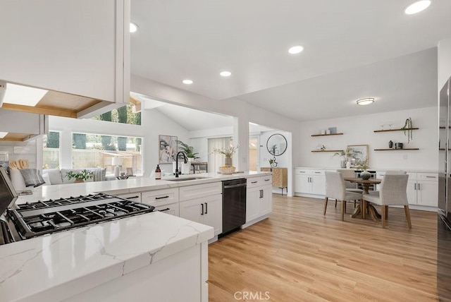 3238 N Hartman St, Orange, CA 92865 - kitchen featuring a sink, dishwasher, open shelves, light stone counters, and white cabinetry